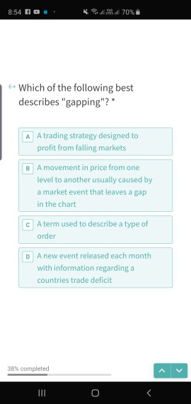 8:54 70% 6 Which of the following best describes gapping? A A trading strategy designed to profit from falling markets B A