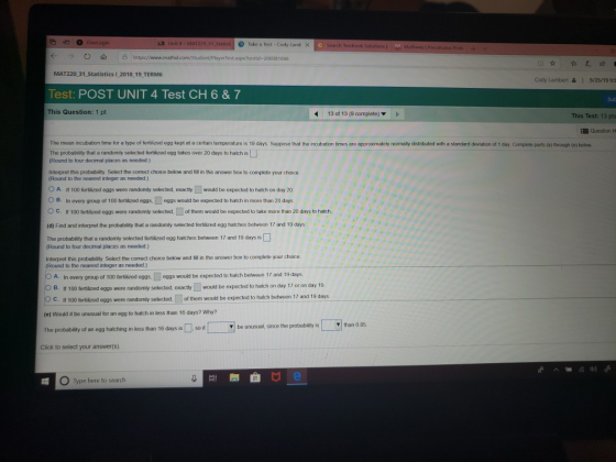 Unit 4-MAT220, 31 Take a Test -Cody Lamb Search Prob O https://www Testaspx?testld-200081086 MAT220 31 Statistics I 2018 19 T