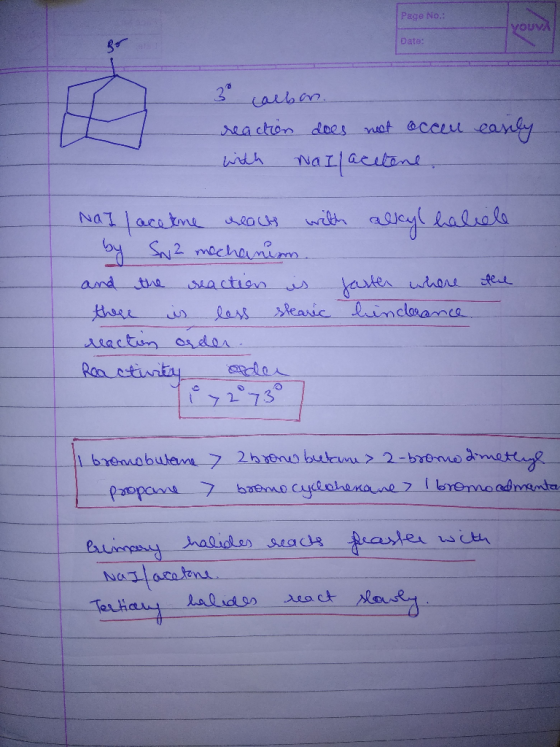 Page No.: YOUVA R Date: 3 carbon. reaction does not accen with wallacetene canly Nalacetne reacts with alkyl haliele by S2 me