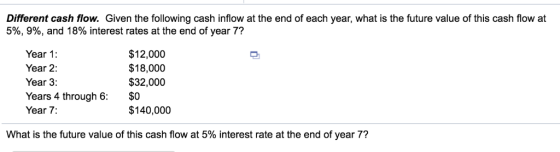 Different cash flow. Given the following cash inflow at the end of each year, what is the future value of this cash flow at 5