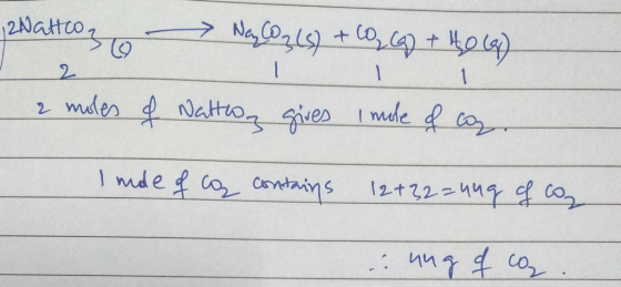 2Nattos NaCO3(s) + Co, (q) + 450 (9) 2 moles of Natteog gives i mole of con Imde of co contains 12+22=4ng of com . ung of co