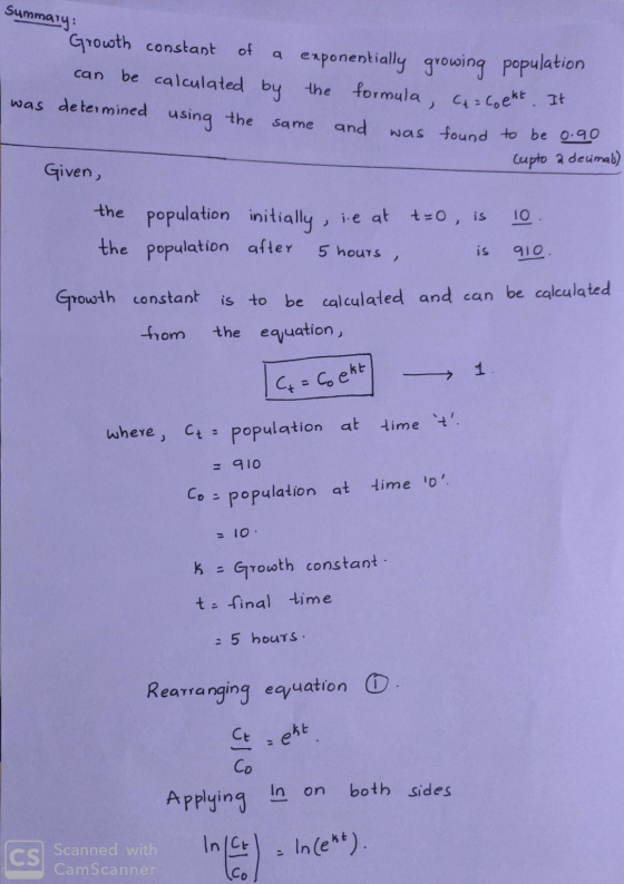 Summary: Growth constant of a exponentially growing population can be calculated by the formula, ca = Coekt. It was determine