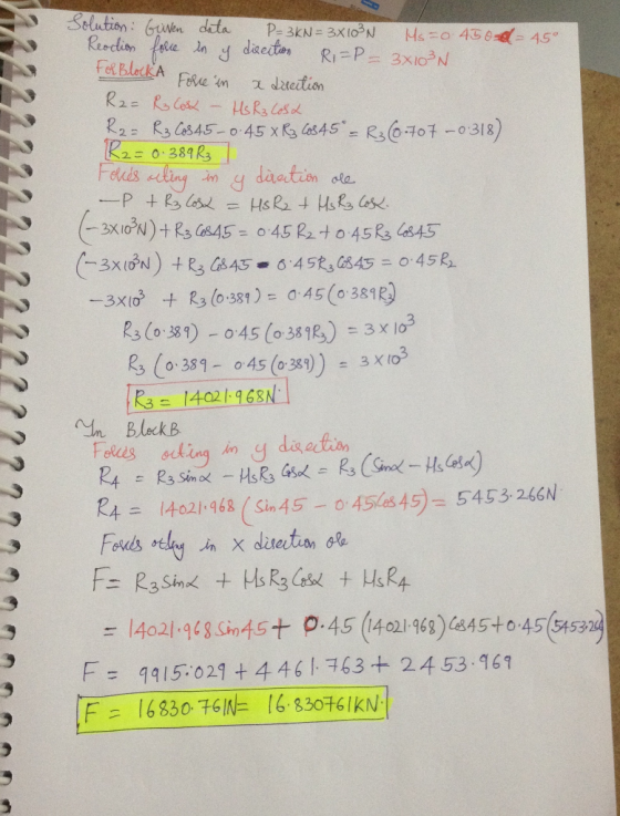 Force in a direction Solution: Griven data P= 3kN= 3x10²N Hs=0 45 0 Reaction = 45° force es y direction Ri=P-3x103N For Block