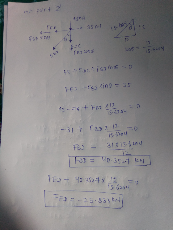 at point D 45kN FED * 3J KN 15.6204 FBD Sino 12 * FC Coso - Is. 6204 FBD COSO FBD 45 + FDCT FBI Coso = 0 FED & FBI sino =35 4