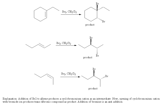 Br2, CH2C2 product Br2, CH2Cl2 product Br Br2, CH2d2 product Explanati on: Addition of Br2 to alkene produces a cyclobromoniu