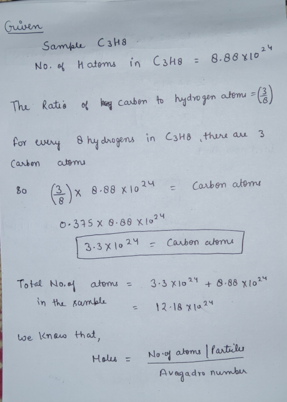 Guven Sample C3H8 24 in C3H8 8.88 Xlo No. of Hatems atemu The Ratis of Caben to hydrogen for ewy 3 8 hy drogens in C3H8 thue
