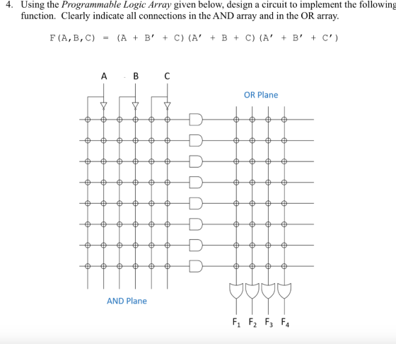 4. Using the Programmable Logic Array given below, design a circuit to implement the following function. Clearly indicate all