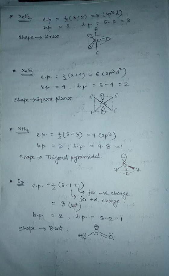 tera eap. 25(8+2) 25 (Spsd) b.p. - 2 d. p. = 5-2 = 3 linear shape l.p. = 1 (8 + 4) = 6 (sp3d) b.p. = 4 lop. 26-4 =2. Shape ->