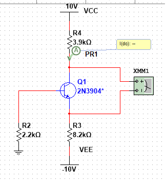 10V VCC R4 3.9k A PR1 I(dc): - XMM1 Q1 2N3904 R2 2.2k R3 >8.2k VEE -10V