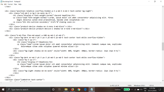 Bootstrap.html - Notepad File Edit Format View Help </nav> <div class=position-relative overflow-hidden P-3 P-md-5 m-md-3 te