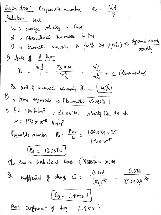 Rea c a) Units of こ morf 6) Given data. Reynoldis number, Vod V Solution: bere, Voy average velocity in (m/s) d Characteristi