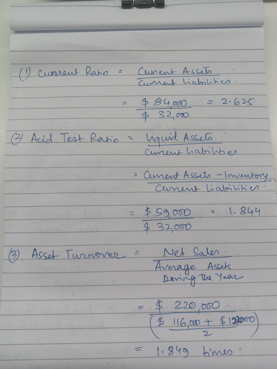(1) Current Ratio = Current Cument Assets liabilities = $ 84,000 $ 32,000 2 2.625 2 Acid Test Ratio a liquid Assets Curent li