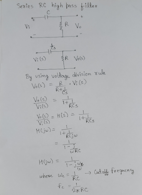 Series RC high pass filter с + Vi ww R Vo to Vi (s) &R Vols) rule R Cs 11 It i By using voltage division Vo(s) = .Vils) R+L V