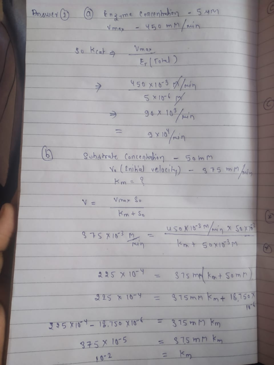 Answer @ Enzyme concentration - 5 MM V may - 450 mm/min so keata Erl rorel) 450 X 16-3 /min 5*10-6 y gox 103/min gx 10 min Su