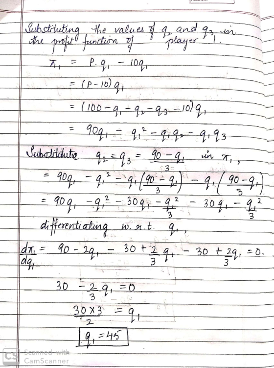Substiluting the values of , and go in the profit function of player 1. A = P. q,- 10q, (P-10791 = (100-91-92=99 –10191 = 909