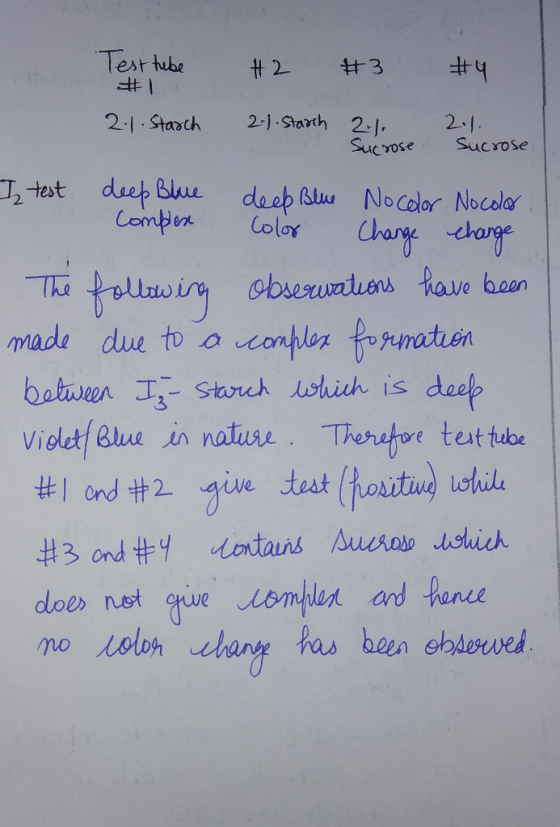 # l 2.1. sucrose Test tube #2 #3 #4 2.1. Starch 2-1. Starch 2.1 Sucrose I test deep Blue deep Blue No color Nocolor Complex C