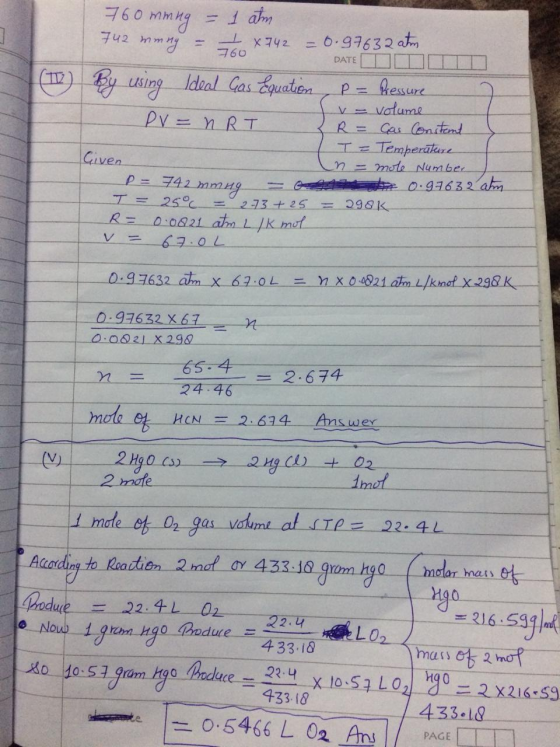 (T) 760mming - 1 am 142 mmng = + x742 = 0.97632 atm. DATEDT By using Ideal Gas Equation, P = Pressure v- volume PV = nRT Z R