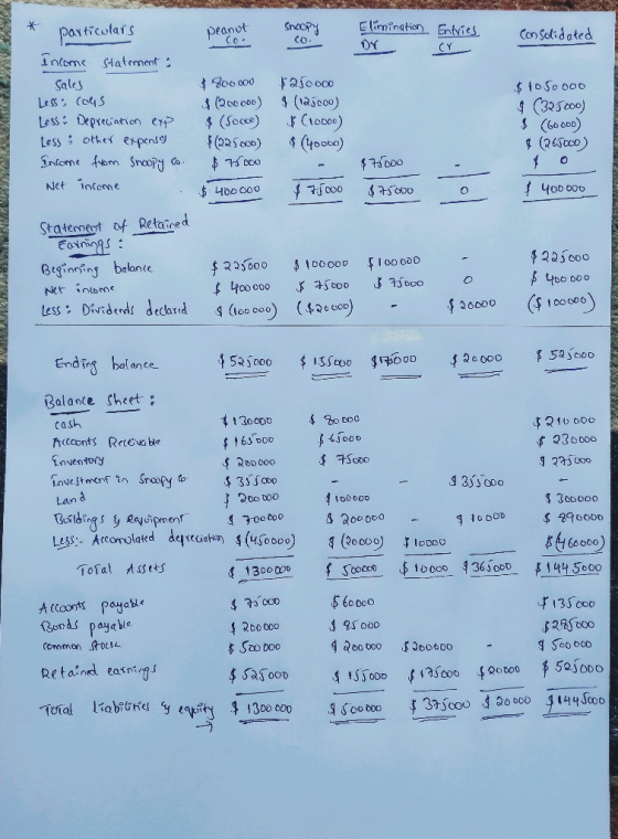 * DOT particulars Peanut Snoopy CO. Elimination Entries Consolidated (C. CY Income Statement : Sales Less; cous Less: Depreci