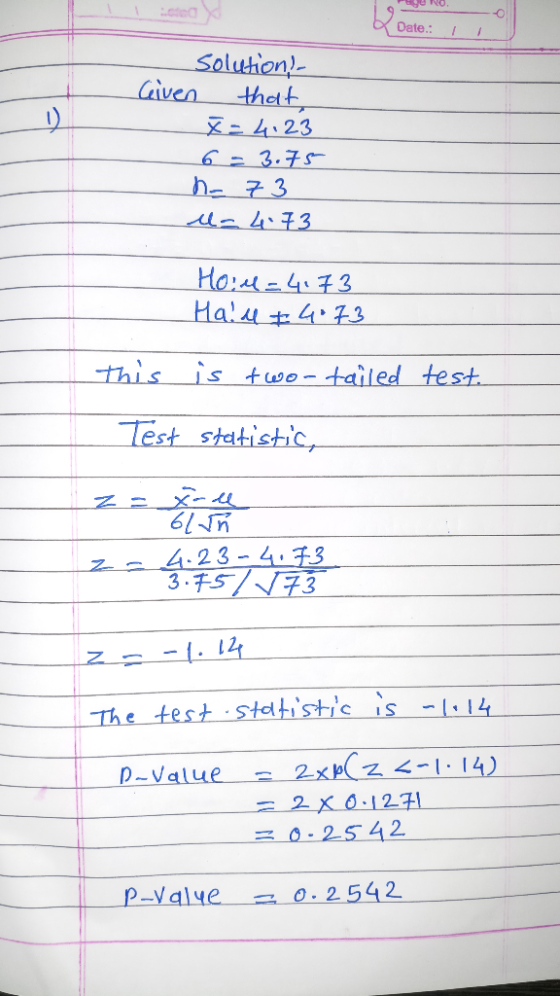 HUU NO. Date: 1 solution) Given that x = 4.23 6 = 3.75 ha 73 l- 4.73 Hoiu=4.73 Hall +4073 This is two-tailed test. Test stati