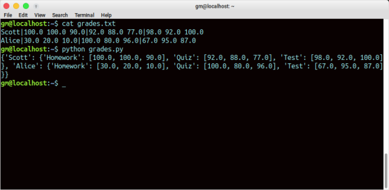 gm@localhost: Terminal Help Search File Edit View gm@localhost:~$ cat grades.txt Scott|100.0 100.0 90.0|92.0 88.0 77.0|98.0 9