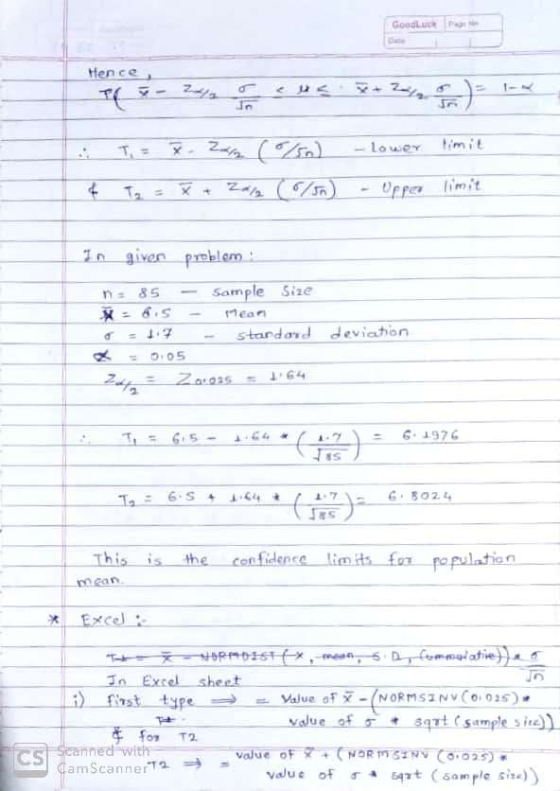Godடயார் na Hence << PC- lower Opper limit In given problem n85 Sample Size X = 6.5 = 1.7 stardard deviation 0.05 20:02 164 o