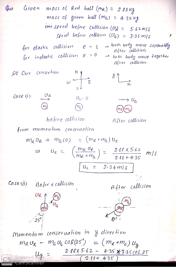 Given mass of Redl bal (me) mass of green ball (mc) 4-35 kg nT speed befere Callision (U = 5.62mIS Spe ed befere callision (U