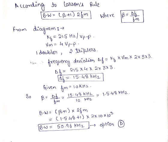 fm According to Carsons Rule | B-W=(3+1) 2fm where Bob from diagram: Kf=215 Hz / Up-p. Vm= 4 Up-p. I doubler 2 triplers ) So