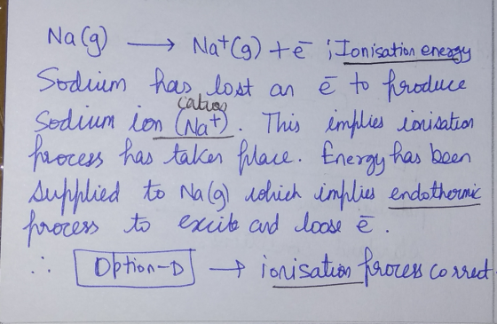 Na(g) Nat (g) té ; Ionisation energy Sodium has lost an ē to produce sodium ion Nat. This implies ionisation process has take