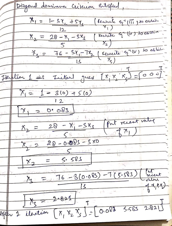 Diagonal dominance criterion satisfied, 12 x = t-sx, tsx (Rewrite a ling to oslain -12-20 82 = 28 - *, -3X3 Reesuite quiry to