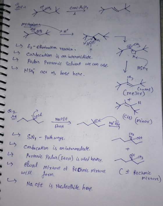 mechanism y y E-elimination reaction. carbocatian is an intermidiate. Polar Protonic solvent we can use. HSoy act as base h