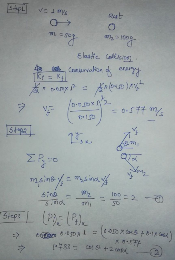StepL Rest E lastic Collisioo Conservation enar 2 0.577 ms V,- 1 Stepz m.giney- msinay 100 2 5ina 6hepsPe 33 Ced +2 cefo 7