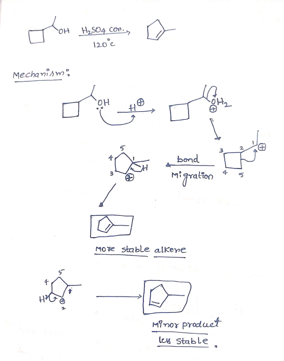 애 H2SO4 con. °مدل Mechanismi 0H 2. # 5 2 3 bond 3 4 م\ migration More stable alkene t H? Minor product less stable