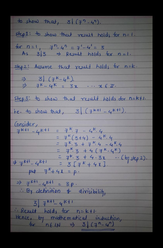 to show that, 31 (7-4). step 1: to show that result holds for n=1. for n=1 70-40 = 7-4 = 3 AS 313 » Result holds for nal.