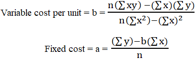 n (Σxy) - (Σx)(Σy) Variable cost per unit = b =- n (Σx?)-(Σx)? (Σy)-b(Σx) Fixed cost = a=-- n