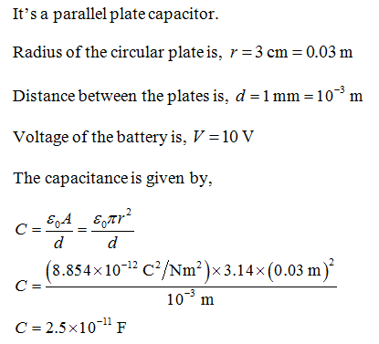 Its a parallel plate capacitor. Radius of the circular plateis, r 3 cm 0.03 m Distance between the plates is, d-1 mm 10 m Vo