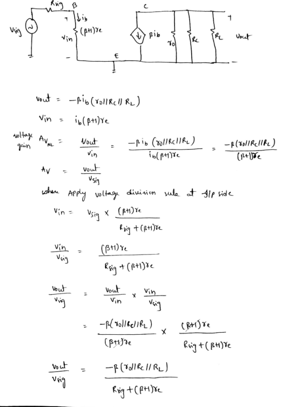 To S(BH)re vout = -fib (vollecu RL) vin = b (stilre AVAL - Nout . -Pib (80l/R/IR,) ib(btire voltage Av gain -R(Toll RcIIRL) (