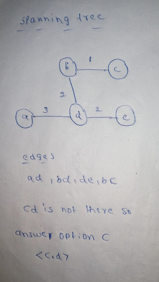 spanning free وع 3 2 edges ad, bd, de, bt cd is not there so answer option c <cidy