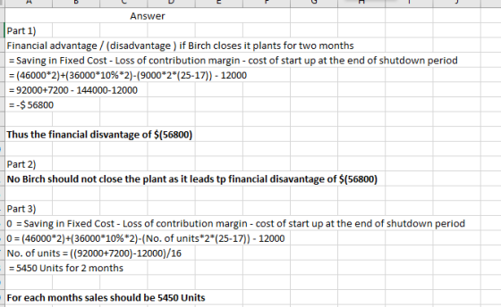 Answer Part 1) Financial advantage / (disadvantage ) if Birch closes it plants for two months = Saving in Fixed Cost - Loss o