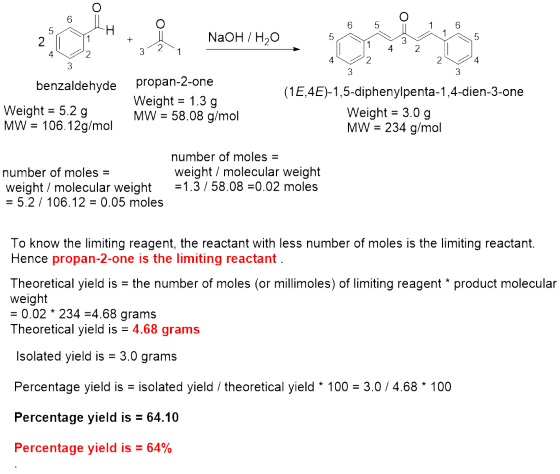 6 5 ;, MOHn30 NaOH / H2O 5 22 3 2 1 4 2 3 42 24 3 3 benzaldehyde propan-2-one Weight = 1.3 g MW = 58.08 g/mol Weight = 5.2