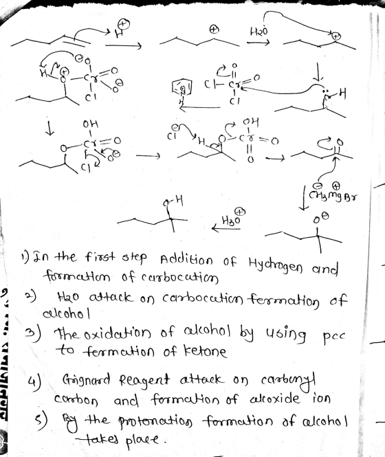 다현 1. 에 CH₂ mg Br ATLILL. 0 In the first step Addition of Hychrogen and formation of carbocution 2) Hao attack on carboccetic
