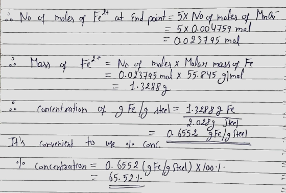 e No of moles of Fe 2+ at end point = 5x No of moles of Moly = 5x0.004759 mol = 0.023795 mol 1 Mass of Fe2+ = No of males x M