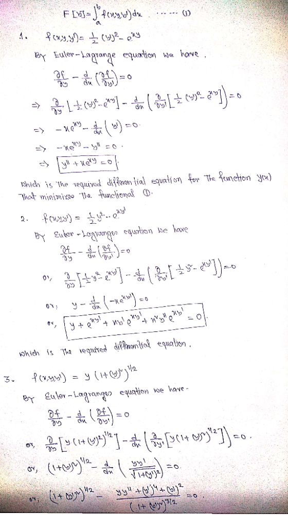 FI-Jw)d BY Euler- ergronge equaton we hove - -> yKey Rhich is the required diffenon jial equatí on for The funetion you) That