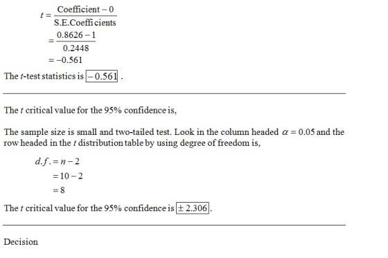 t =- Coefficient -0 S.E.Coefficients 0.8626-1 0.2448 = -0.561 The t-test statistics is -0.561. The t critical value for the 9