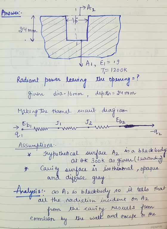 Answer: Az gumm AI, Ei=19 TF1200k the Radiant power leaving ? opening? ginen dia 16mm , depth =24mm 9 Making the thermal arau