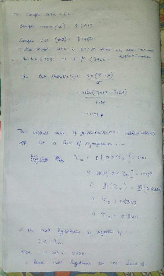 ms sample size 60 Sample mean (ă) = $ 2517 Sample sol. (vo) - $1750 the sample size is 60730 Heree nee use nomas Hoo Na 2763