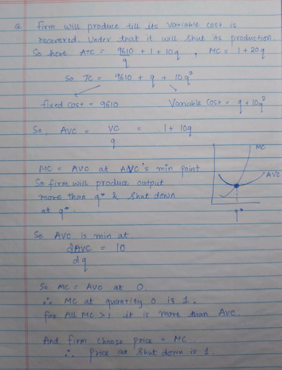 ITm Yoduce till its Voriable cost is ixed Cost96i0 Vanable Cos VC MC = Ave at ANCs min point So fin wil produe autout AVし So Avc is min at dl Mcat auontitu o i AlL Mer it is mortthan Ave And firm choase prioMo ,. Price at Shutdown is-1