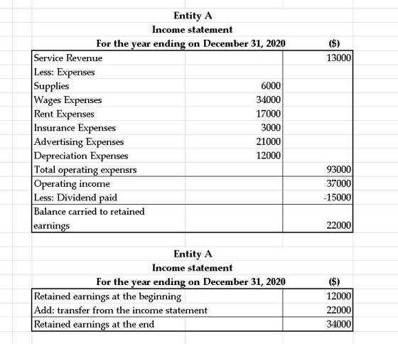 ($) 13000 Entity A Income statement For the year ending on December 31, 2020 Service Revenue Less: Expenses Supplies 6000 Wag