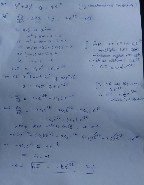 y +24 -3y 4 est d²y 2 tady 3y = 403t i P.I = cate 3t - 6 Cze +9 z test (by Undetermined Coefficients) 811 dt2 The AoE is gi