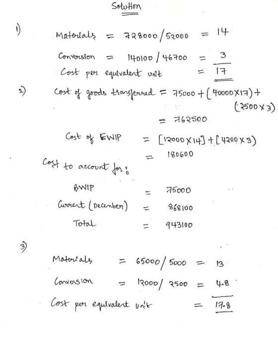 solution Materials = 728000 / 52000 = 14 Conversion = 140100 / 46700 = 3 Cost per equivalent unit = 17 Cost of goods transfer