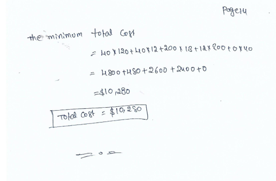 paget the minimum total Cost hox 120+40x12 + 200 X 18+ 12x200 toxuo = 4800THSO +2600 + 2000 to =$10 1280 Tolal cost = $10,280